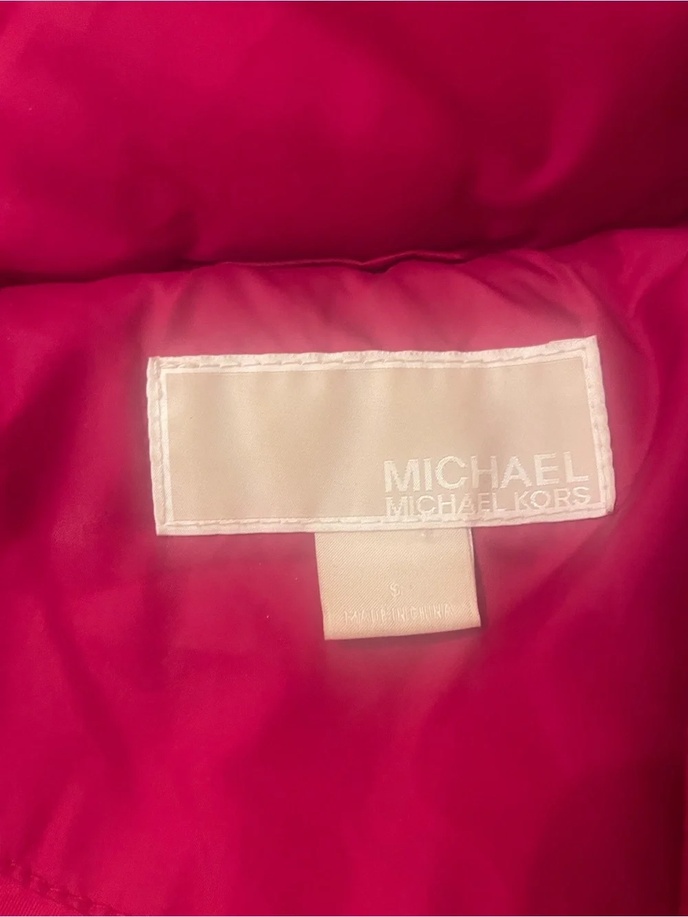 Michael Kors Red Long Quilted Puffer Coat with Faux Fur Hood